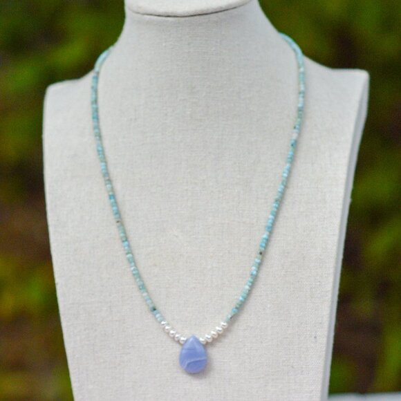 Larimar & Freshwater Pearl Necklace with Blue Lace Agate Pendant – 18.25” - Picture 5 of 5
